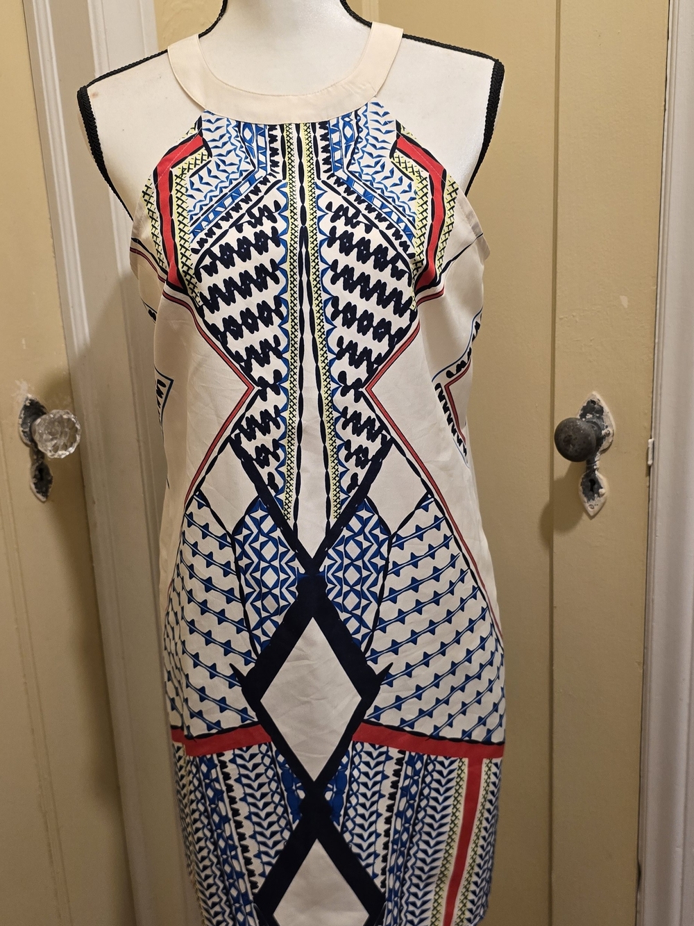 VENUS Cream Midi Dress with Blue and Red Geometric Print